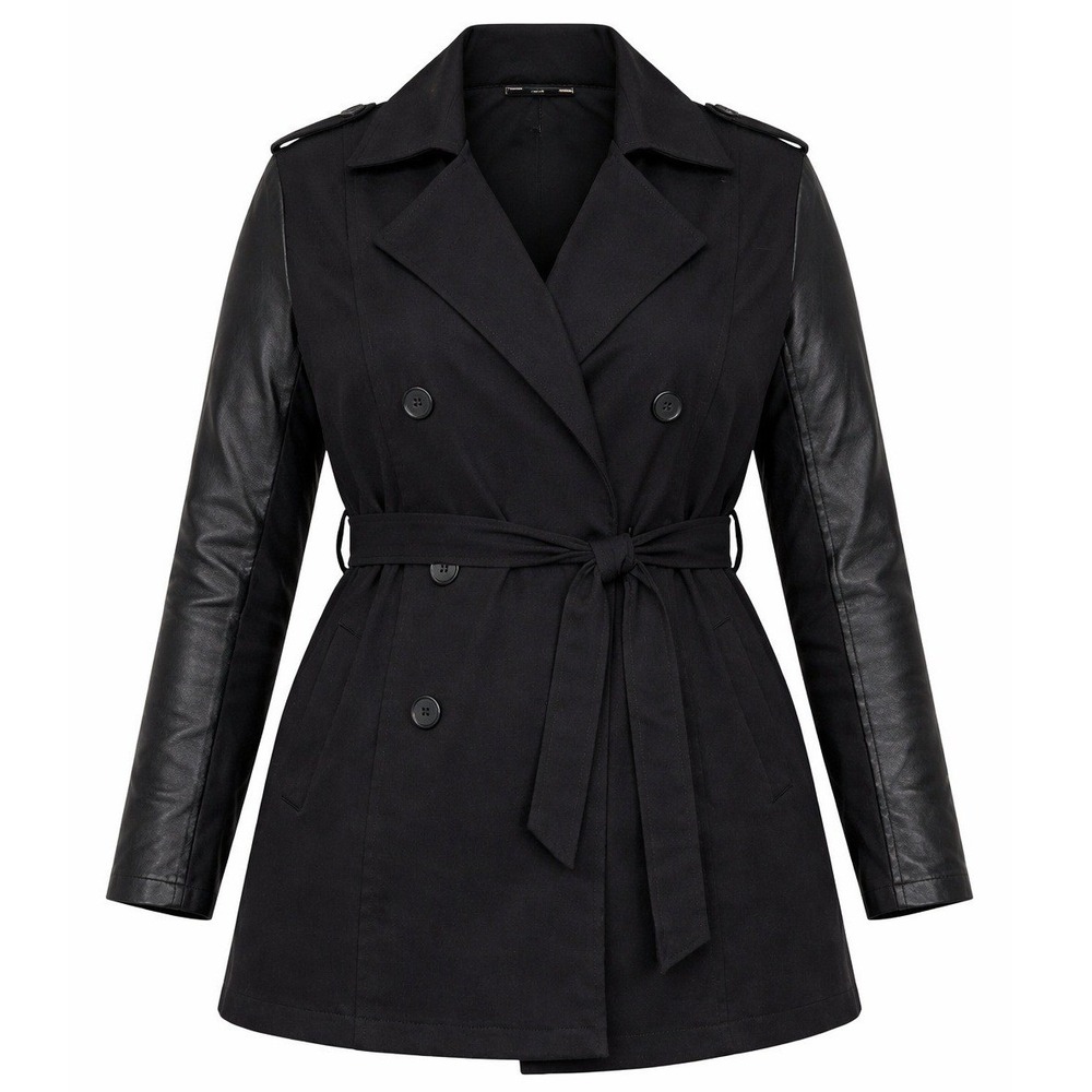 Torrid Trench Coat Women Size 0 Black Faux Leather Sleeve Double Breasted Belted